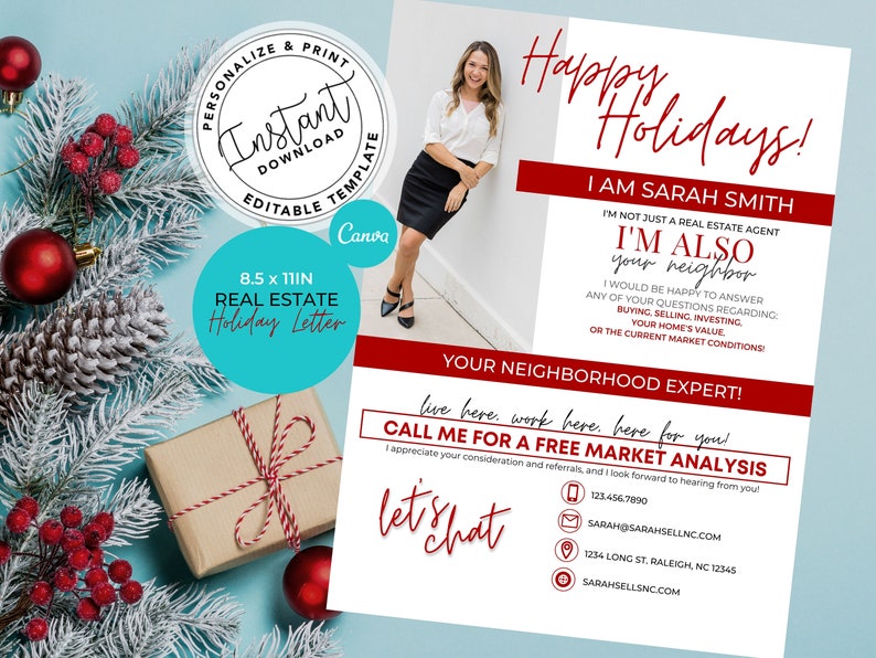 Realtor Holiday Letter, Real Estate Marketing, Hello Neighbor Letter, Farming Letter, Canva, Real Estate Template, Realtor Marketing, Pop By image 2