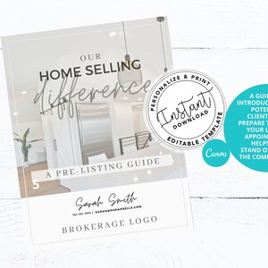May include: A pre-listing guide for home sellers with a customizable template. The guide is designed to help real estate agents introduce potential clients and prepare them for a listing appointment. The guide features a photo of a modern kitchen with white cabinets and stainless steel appliances. The text "Our Home Selling Difference" is written in a handwritten font. The guide is available for instant download and is editable in Canva.