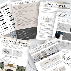 May include: A set of printable real estate marketing templates with a gray and white color scheme. The templates include information on home selling processes, listing strategies, preparing to list, the art of staging, and real estate photography. The templates are customizable and can be personalized with your own branding.