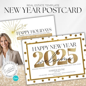 Modello di cartolina di Capodanno immobiliare 2025 Canva / Biglietto di Capodanno aziendale / Marketing immobiliare / Modello di Capodanno Canva / Capodanno 2025