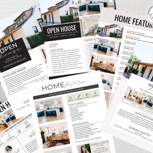 May include: A set of real estate flyers for a modern home with a white exterior and black accents. The flyers feature photos of the home's interior and exterior, as well as information about the property, such as the address, price, and square footage. The flyers also include the realtor's contact information.