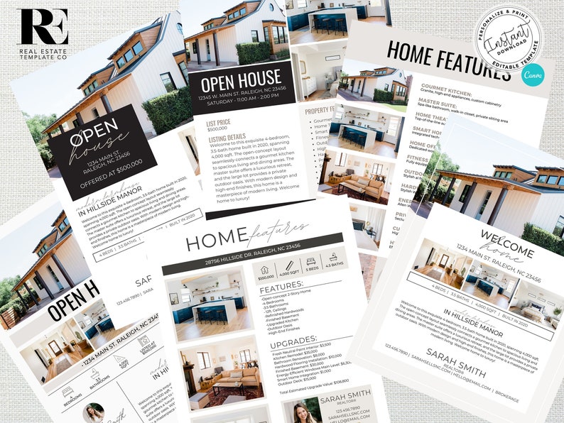May include: A set of real estate flyers for a modern home with a white exterior and black accents. The flyers feature photos of the home's interior and exterior, as well as information about the property, such as the address, price, and square footage. The flyers also include the realtor's contact information.