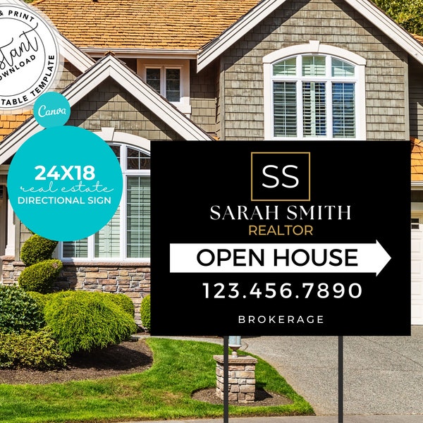 Real Estate Yard Sign, Open House Pointer, Real Estate Marketing, Canva Template, Custom Sign, Directional Sign, Realtor Pointer Template