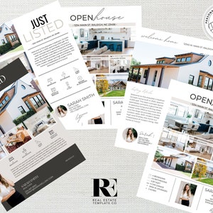 May include: A real estate open house flyer with a white farmhouse with blue accents. The flyer includes photos of the home's interior and exterior, as well as information about the property, such as the number of bedrooms and bathrooms. The flyer also includes the realtor's contact information.