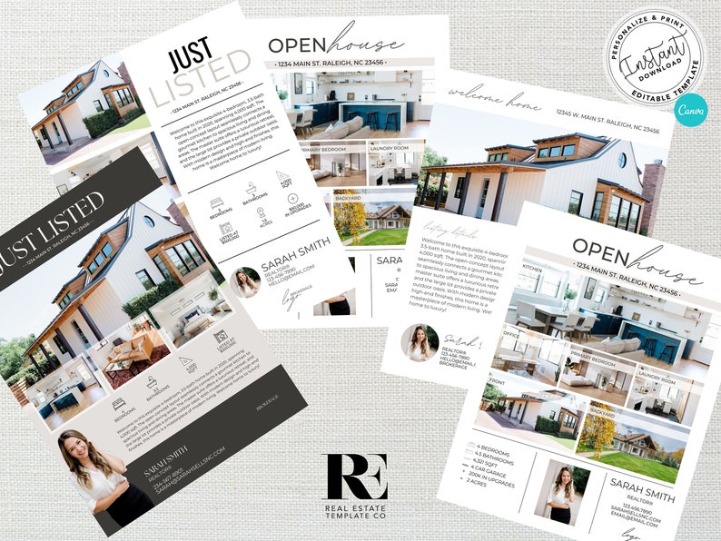 May include: A real estate open house flyer with a white farmhouse with blue accents. The flyer includes photos of the home's interior and exterior, as well as information about the property, such as the number of bedrooms and bathrooms. The flyer also includes the realtor's contact information.