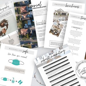 May include: A set of printable marketing materials for real estate agents. The materials include brochures, virtual tours, aerial photography, and safety guidelines for showing homes during a pandemic. The text on the page includes "Property Brochures", "Virtual Tours", "Aerial Photography", "Keeping You Safe", "Robust Marketing", and "Instant Download Editable Template".