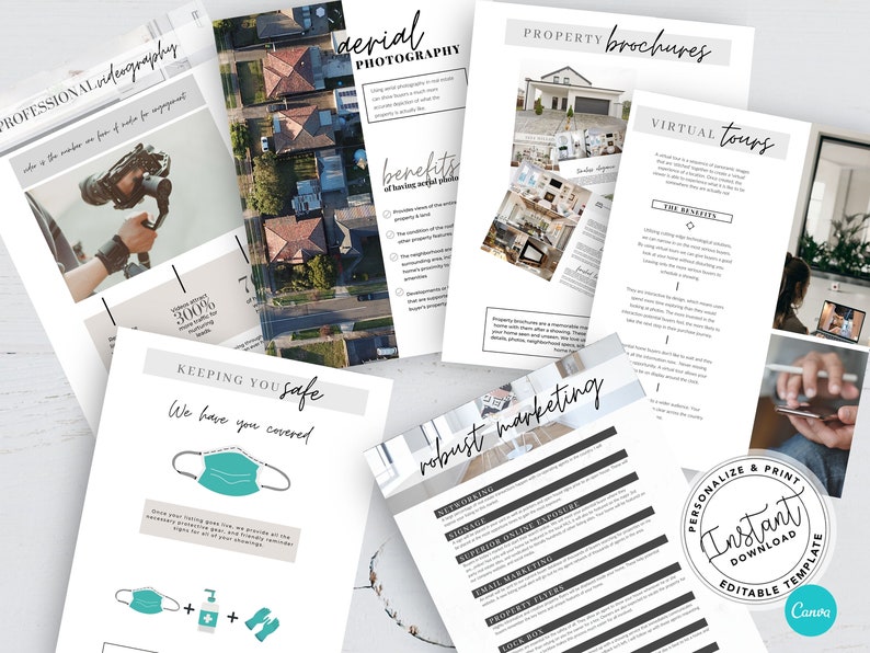 May include: A set of printable marketing materials for real estate agents. The materials include brochures, virtual tours, aerial photography, and safety guidelines for showing homes during a pandemic. The text on the page includes "Property Brochures", "Virtual Tours", "Aerial Photography", "Keeping You Safe", "Robust Marketing", and "Instant Download Editable Template".