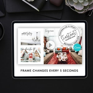 Op de afbeelding: Een digitale mockup van een woonkamer interieurontwerp op een tablet scherm. Het ontwerp heeft een rood tapijt, een grote bank en een salontafel. De tekst "Direct Downloaden Bewerkbare Template Canva" wordt op het scherm weergegeven.