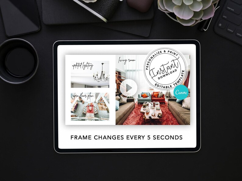 Op de afbeelding: Een digitale mockup van een woonkamer interieurontwerp op een tablet scherm. Het ontwerp heeft een rood tapijt, een grote bank en een salontafel. De tekst "Direct Downloaden Bewerkbare Template Canva" wordt op het scherm weergegeven.