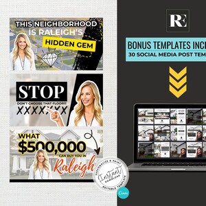 May include: A digital marketing template set with a laptop displaying social media post templates. The image includes three promotional graphics with text: "This Neighborhood is Raleigh's Hidden Gem", "STOP Don't Choose That Floor", and "What $500,000 Can Buy You in Raleigh".