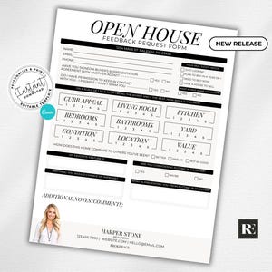May include: White open house feedback form with black text. The form includes sections for name, email, and phone, along with rating scales for curb appeal, bedrooms, and condition. A "New Release" label is in the top right.