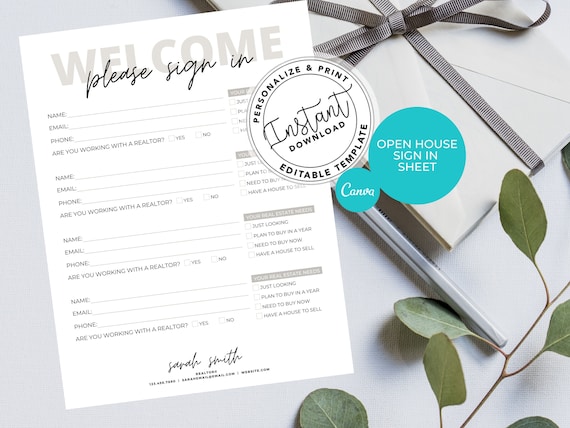 Open House Sign-In Sheet: Real Estate Agent Printable (Canva Editable, PDF Download)