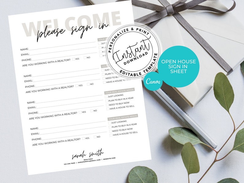 May include: A white open house sign-in sheet with the words "WELCOME please sign in" at the top. The sheet includes fields for name, email, and phone, with checkboxes for realtor information and real estate needs. A Canva template is available.