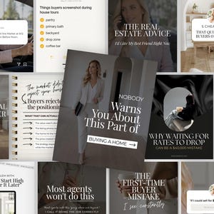 May include: A collage of social media graphics featuring real estate advice, including text overlays such as The Real Estate Advice, Nobody Warns You About This Part of Buying a Home, and The First-Time Buyer Mistake, with various lifestyle imagery.