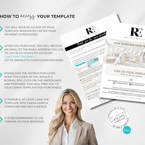 May include: A digital instruction guide for a real estate template featuring the RE logo, step-by-step access instructions, and a link to a Canva template. The document includes text detailing how to download, open, and customize the printable files.