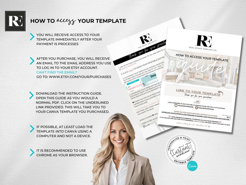 May include: A digital instruction guide for a real estate template featuring the RE logo, step-by-step access instructions, and a link to a Canva template. The document includes text detailing how to download, open, and customize the printable files.