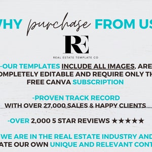 Puede incluir: Gr&aacute;fico turquesa y blanco con el texto &laquo;&iquest;POR QU&Eacute; comprar CON NOSOTROS?&raquo; y el logotipo de Real Estate Template Co. El texto destaca plantillas editables, suscripci&oacute;n gratuita a Canva y rese&ntilde;as de 5 estrellas.
