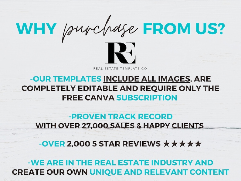 Puede incluir: Gr&aacute;fico turquesa y blanco con el texto &laquo;&iquest;POR QU&Eacute; comprar CON NOSOTROS?&raquo; y el logotipo de Real Estate Template Co. El texto destaca plantillas editables, suscripci&oacute;n gratuita a Canva y rese&ntilde;as de 5 estrellas.