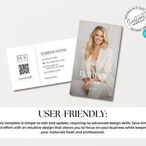 May include: A business card template featuring the name "Harper Stone" and contact information. The design includes a photo of a woman in a white blazer. The card also has a QR code and the text "User-Friendly".