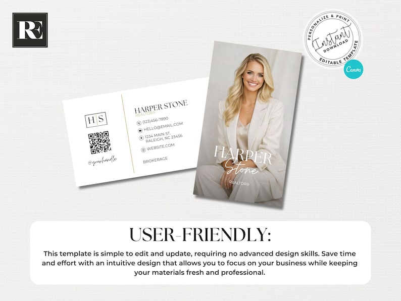 May include: A business card template featuring the name "Harper Stone" and contact information. The design includes a photo of a woman in a white blazer. The card also has a QR code and the text "User-Friendly".