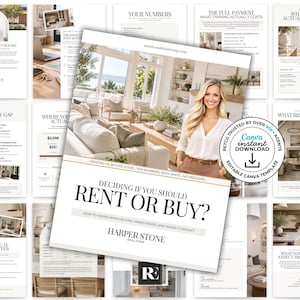 May include: A digital real estate guide titled Deciding If You Should Rent Or Buy? by Harper Stone Realtors. The document features a photograph of a bright living room and a person, with text sections covering financial comparisons and home ownership.