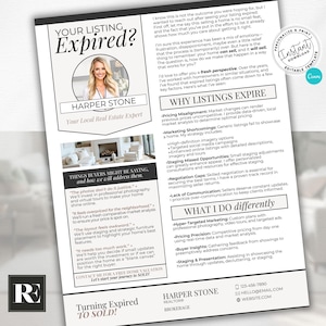 May include: A white and black flyer with a photo of a woman in a black blazer and a white shirt. The flyer is titled "Your Listing Expired?" and features the text "Harper Stone, Your Local Real Estate Expert". The flyer also includes a list of reasons why listings expire and what the realtor does differently.