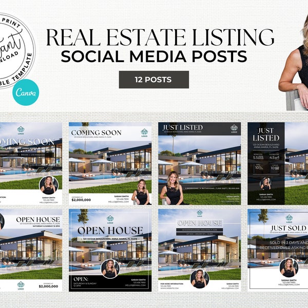Listing Updates, Facebook Posts, Real Estate Social Media Template, Real Estate Marketing, Post Template, Canva Template, Listed, Open House