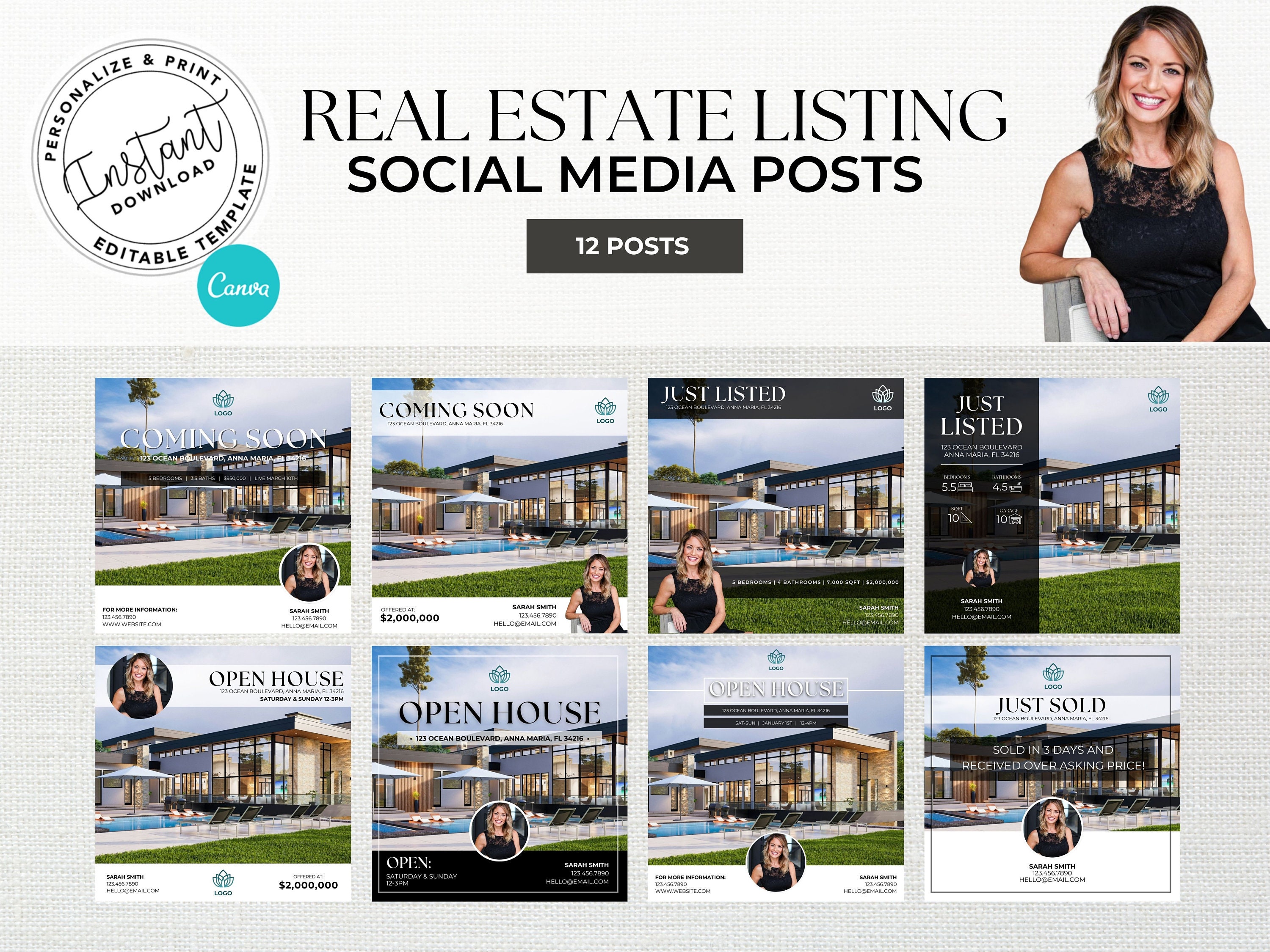 Listing Updates, Facebook Posts, Real Estate Social Media Template, Real Estate Marketing, Post Template, Canva Template, Listed, Open House