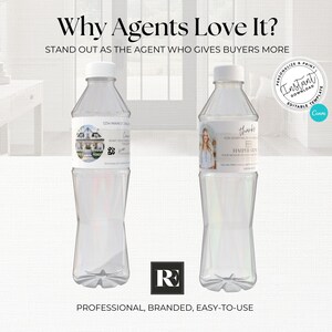 May include: Two clear plastic water bottles with white caps. Each bottle has a label with text and images. The text reads "Why Agents Love It?" and "STAND OUT AS THE AGENT WHO GIVES BUYERS MORE". The bottles are branded with a logo.