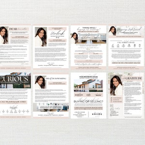 May include: A set of eight pink and white real estate marketing flyers with a photo of a woman on each flyer. The flyers feature text such as "Dear", "Unlock", "Thinking About Buying or Selling?", "Curious", "The Art of Downsizing", "Your Neighbour's House", "Staying Informed", and "Gratitude".