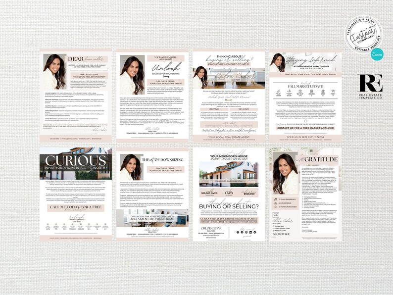 May include: A set of eight pink and white real estate marketing flyers with a photo of a woman on each flyer. The flyers feature text such as "Dear", "Unlock", "Thinking About Buying or Selling?", "Curious", "The Art of Downsizing", "Your Neighbour's House", "Staying Informed", and "Gratitude".