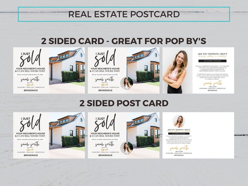 K&ouml;nnte beinhalten: Eine Immobilien-Postkarte mit einem Foto eines Hauses und einem Portr&auml;t eines Maklers. Der Text auf der Postkarte lautet "Ich habe gerade das Haus Ihres Nachbarn verkauft und ich kann auch Ihres verkaufen!" und enth&auml;lt den Namen und die Kontaktdaten des Maklers.
