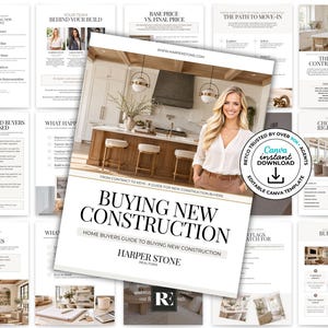Könnte beinhalten: Ein digitaler Leitfaden mit dem Titel Buying New Construction von Harper Stone Realtors, mit einem Titelbild einer Küche mit einer Person, weißen Schränken und einer Holzinsel. Enthält ein Abzeichen mit Canva instant download für Makler.