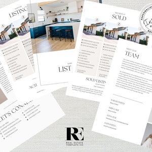 May include: A real estate marketing brochure with a white background and black text. The brochure features photos of homes, a team of real estate agents, and information about their services. The text includes the words "Meet Our Team", "Recently Sold", and "Similar Listing".
