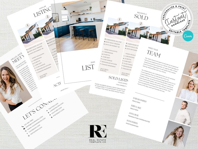 May include: A real estate marketing brochure with a white background and black text. The brochure features photos of homes, a team of real estate agents, and information about their services. The text includes the words "Meet Our Team", "Recently Sold", and "Similar Listing".