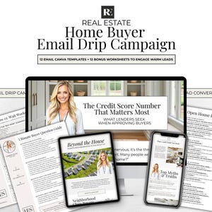 May include: A real estate marketing bundle with the text "Home Buyer Email Drip Campaign". The image includes a computer, tablet, and phone displaying marketing materials, along with worksheets and templates.