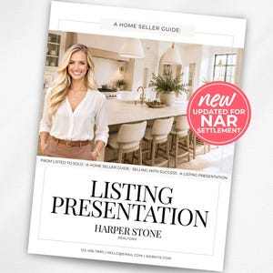 Könnte beinhalten: Ein Immobilienverkäufer-Leitfaden mit dem Titel Listing Presentation von Harper Stone Realtor. Das Dokument zeigt ein Küchenfoto, den Text A Home Seller Guide, From Listed to Sold und ein rosa Abzeichen mit New Updated for NAR Settlement.