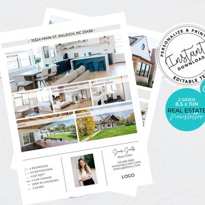 May include: A real estate newsletter template with a photo collage of a house's interior and exterior. The template includes the address, 15324 Main St. Raleigh, NC 23456, and a description of the house with 4 bedrooms, 4.5 bathrooms, 4,321 square feet, a 4-car garage, 200k in upgrades, and 2 acres. The template also includes a contact section with the realtor's name, phone number, and email address.
