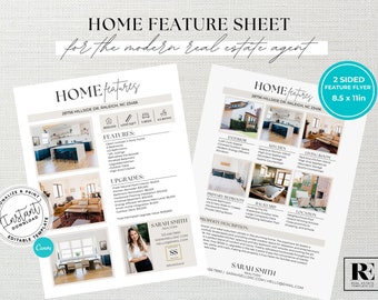 Real Estate Home Feature Sheet, Flyer Template, Real Estate Marketing, For Sale, Open House Flyer, Realtor Listing Flyer, Canva Template