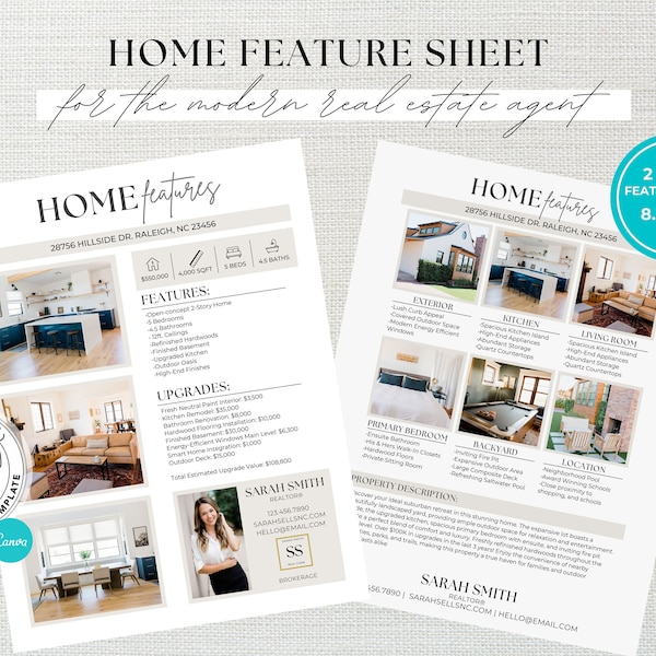 Real Estate Home Feature Sheet, Flyer Template, Real Estate Marketing, For Sale, Open House Flyer, Realtor Listing Flyer, Canva Template