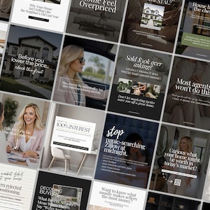 May include: A collection of social media graphics featuring real estate advice, interior photography, and professional portraits. The images contain text overlays with phrases like House hacking is the cheat code, Sold $50k over asking, and Rent is 100% interest.