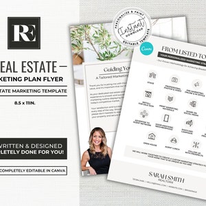 Peut inclure: Une brochure en noir et blanc avec le texte "Real Estate Marketing Plan Flyer" et "From Listed to Sold" avec une liste de stratégies marketing pour les agents immobiliers. La brochure est conçue pour être facilement modifiée dans Canva.