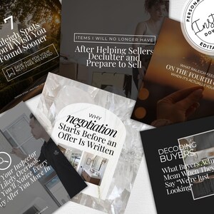 May include: A collection of six square social media templates featuring real estate themes with text overlays including 7 Raleigh Spots, Items I Will No Longer Have, What Raleigh Feels Like On The Fourth Of July, Why Negotiation Starts Before An Offer Is Written, Things Your Inspector Will Likely Overlook, and Decoding Buyers.