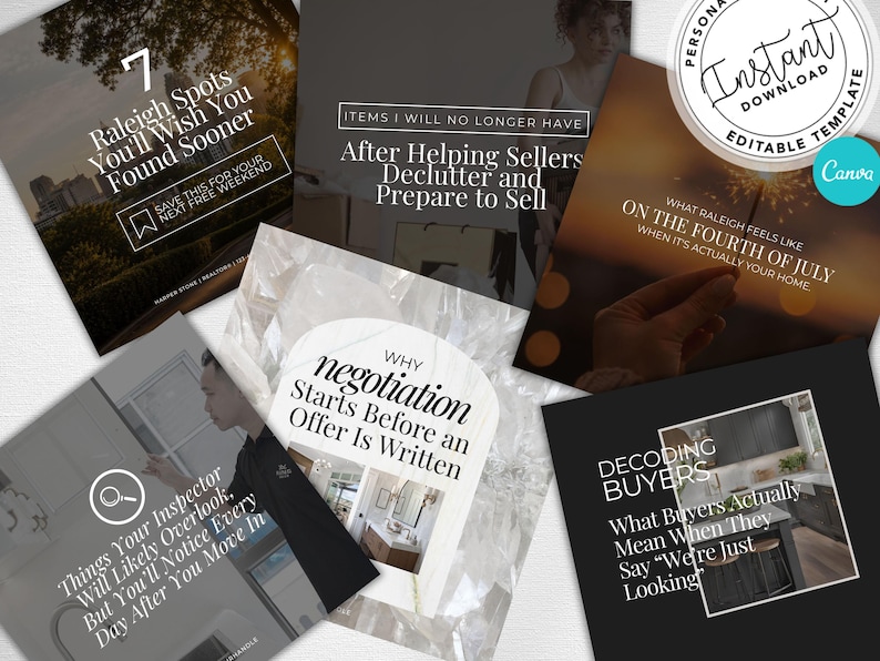 May include: A collection of six square social media templates featuring real estate themes with text overlays including 7 Raleigh Spots, Items I Will No Longer Have, What Raleigh Feels Like On The Fourth Of July, Why Negotiation Starts Before An Offer Is Written, Things Your Inspector Will Likely Overlook, and Decoding Buyers.