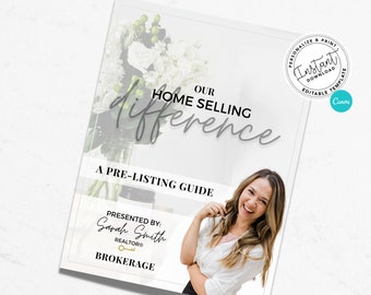 May include: A white and gray pre-listing guide for home selling with the text "OUR HOME SELLING difference" and "A PRE-LISTING GUIDE". The guide is presented by Sarah Smith, REALTOR® Brokerage. A smiling woman is featured on the guide.