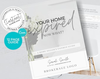 May include: A guide titled "Your Home Expired, Now What?" with a floral background. The cover includes the text "A Home Seller's Expired Guide" and a brokerage logo. The guide is a 12-page instant download template, editable in Canva.