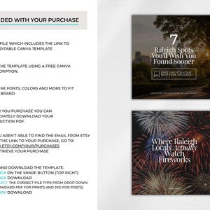 May include: A digital template set featuring instructions for a Canva file and two square social media graphics. One graphic shows a city park with the text 7 Raleigh Spots You'll Wish You Found Sooner. The other shows fireworks with the text Where Raleigh Locals Actually Watch Fireworks.