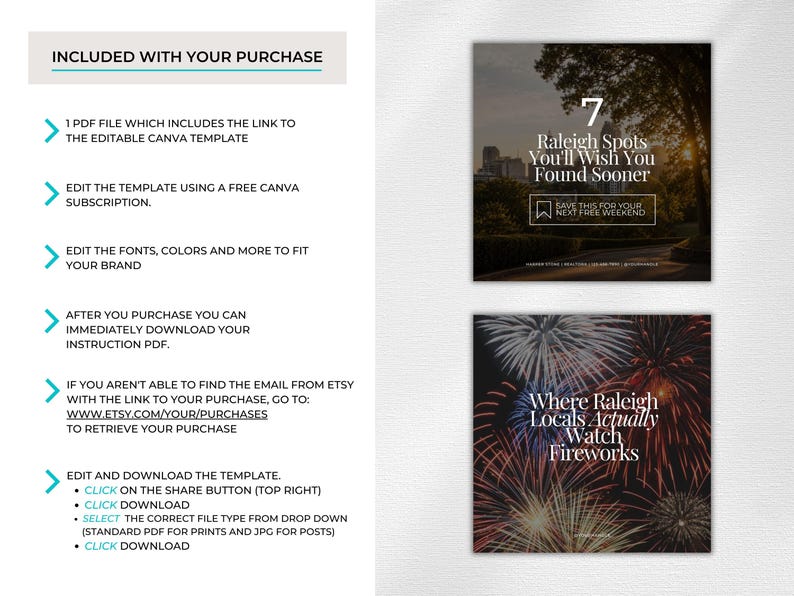 May include: A digital template set featuring instructions for a Canva file and two square social media graphics. One graphic shows a city park with the text 7 Raleigh Spots You'll Wish You Found Sooner. The other shows fireworks with the text Where Raleigh Locals Actually Watch Fireworks.