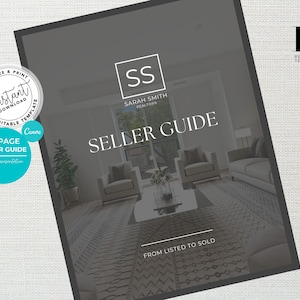 May include: A 47-page seller guide for real estate agents. The guide is titled "Seller Guide" and features a photo of a living room with a patterned rug, two armchairs, a coffee table, and a sofa. The text "From Listed to Sold" is at the bottom of the page.