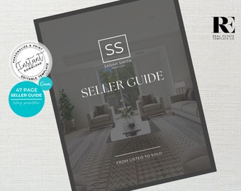 May include: A 47-page seller guide for real estate agents. The guide is titled "Seller Guide" and features a photo of a living room with a patterned rug, two armchairs, a coffee table, and a sofa. The text "From Listed to Sold" is at the bottom of the page.